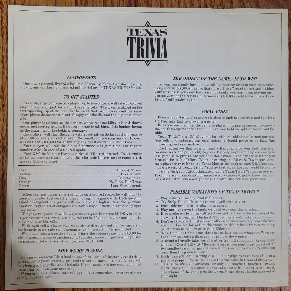 Vintage 1984 Texas Trivia Board Game Complete